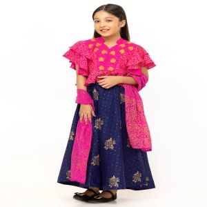 Fuchsia Printed and Embroidered Linen Ghagra Choli